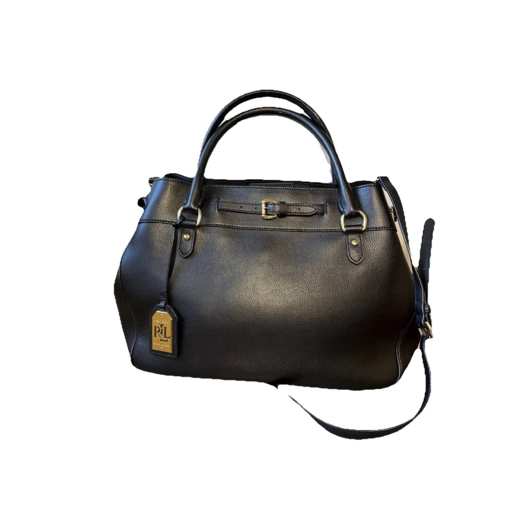 Lauren Ralph Lauren Black Leather Satchel Bag Purse Round Handles Shoulder Strap